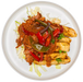 Plated dish with chicken, vegetables, and sauce on a white background
