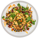 A top-down view of a plated prepared food dish featuring a grilled chicken breast topped with green herbs, served over a bed of mixed greens, quinoa, shredded carrots, and sliced almonds on a white plate.