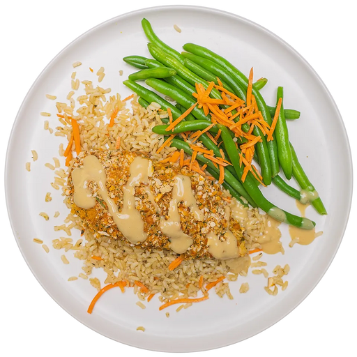 Plated dish with breaded and fried food, green beans, and carrots on a white plate.