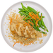 Plated dish with breaded and fried food, green beans, and carrots on a white plate.
