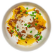 Plated dish with yellow noodles, green peas, croutons, and a white sauce on a white plate.