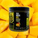 Sea moss gel container labeled 'Mango Punch' on a background of sliced mangoes.