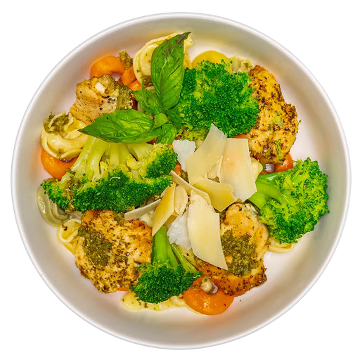 Plated dish with chicken, broccoli, carrots, and parmesan cheese on a white background