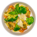 Plated dish with chicken, broccoli, carrots, and parmesan cheese on a white background