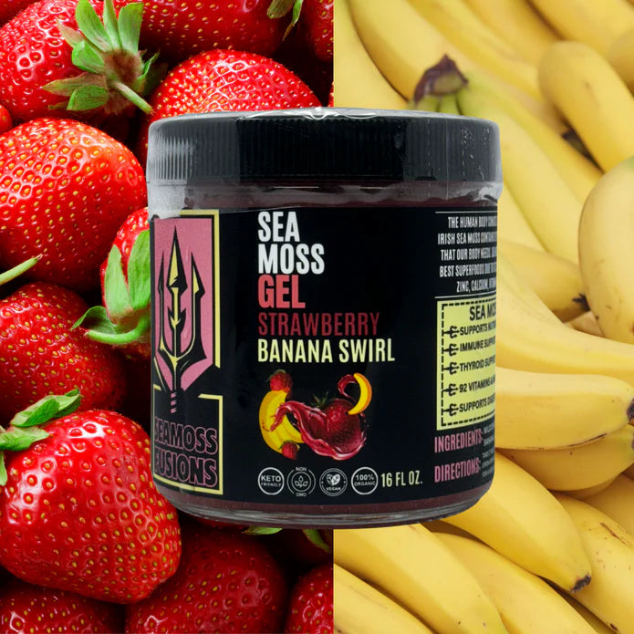 Sea moss gel container with strawberry and banana swirl flavor surrounded by strawberries and bananas.