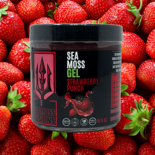 Sea moss gel container labeled 'Strawberry Punch' surrounded by strawberries
