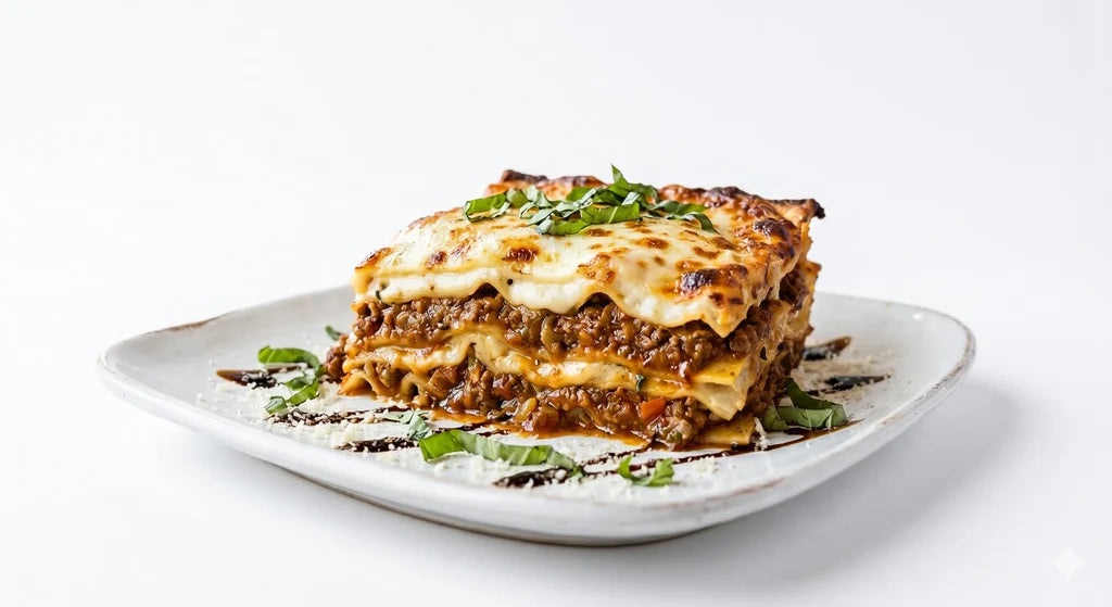 Slice of lasagna on a white plate with a white background